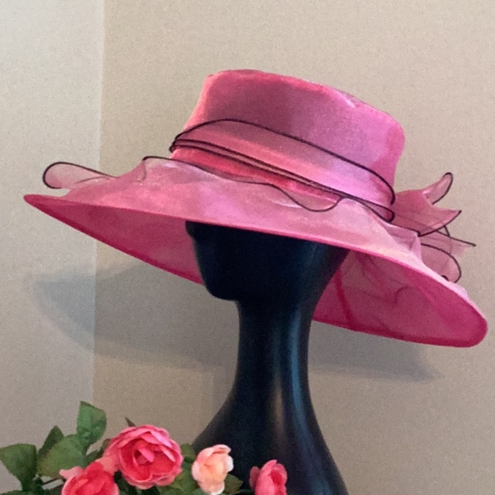 Fascinator In Hot Pink and Black Organza Wide Brim Sun Hat